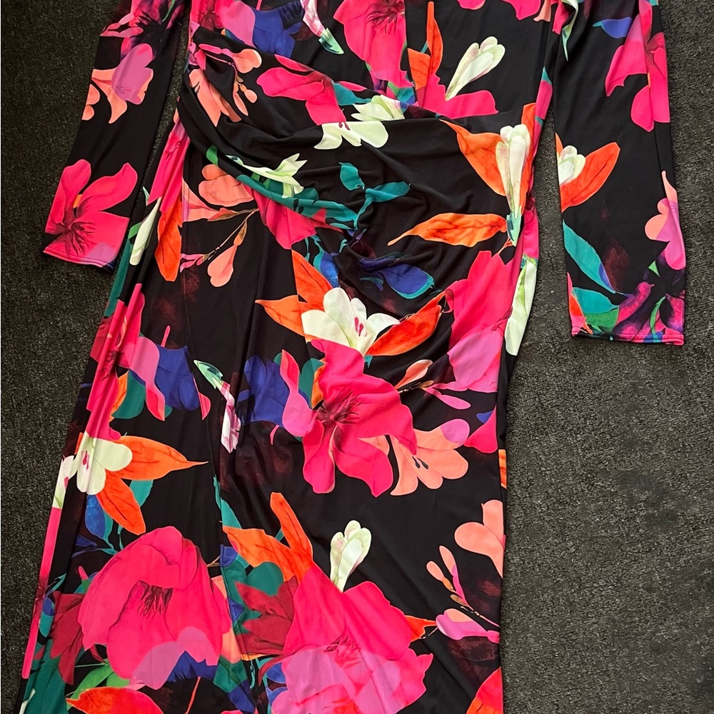 Black Long-Sleeve Floral Wrap Dress with Bright Pink & Orange Blooms